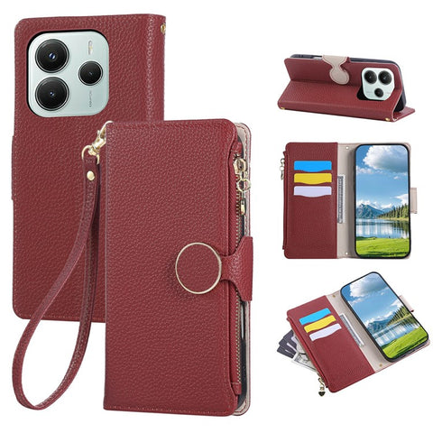For Xiaomi Redmi Note 14 4G (163.25mm) Case Zipper Wallet Leather Phone Cover with Wrist Strap