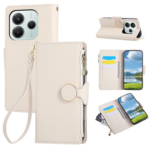 For Xiaomi Redmi Note 14 4G (163.25mm) Case Zipper Wallet Leather Phone Cover with Wrist Strap