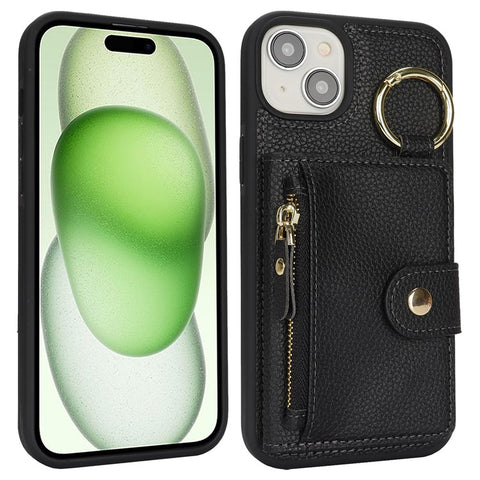For iPhone 15 Plus / 14 Plus Case Litchi Textured PU Leather + TPU Kickstand Phone Cover with Card Slot