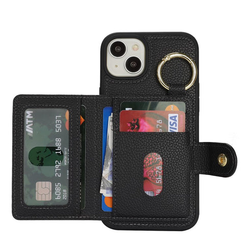 For iPhone 15 Plus / 14 Plus Case Litchi Textured PU Leather + TPU Kickstand Phone Cover with Card Slot