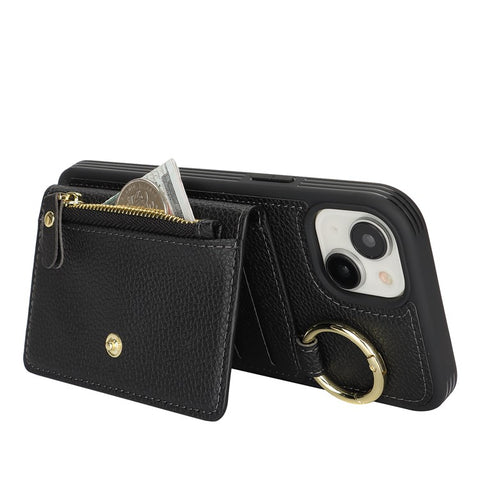 For iPhone 15 Plus / 14 Plus Case Litchi Textured PU Leather + TPU Kickstand Phone Cover with Card Slot