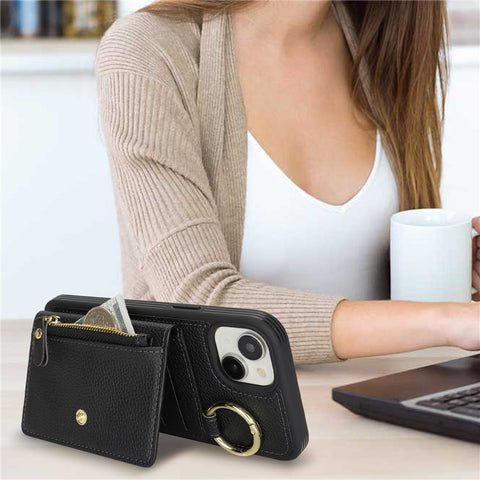 For iPhone 15 Plus / 14 Plus Case Litchi Textured PU Leather + TPU Kickstand Phone Cover with Card Slot