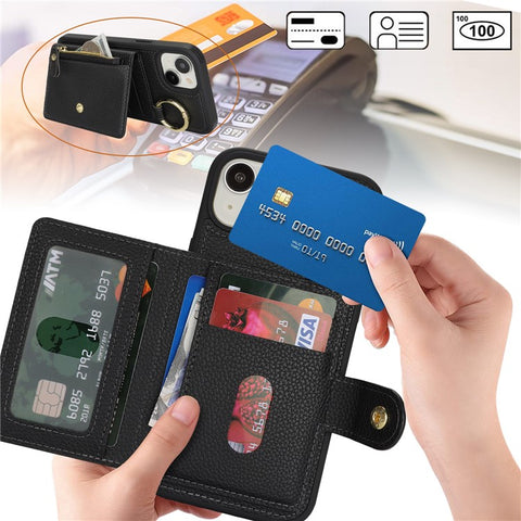 For iPhone 15 Plus / 14 Plus Case Litchi Textured PU Leather + TPU Kickstand Phone Cover with Card Slot