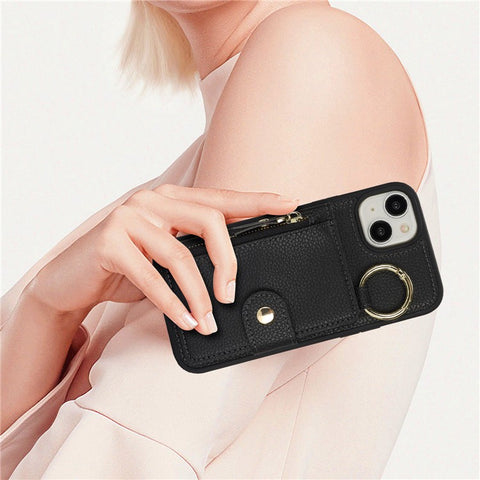 For iPhone 15 Plus / 14 Plus Case Litchi Textured PU Leather + TPU Kickstand Phone Cover with Card Slot