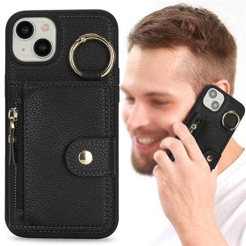For iPhone 15 Plus / 14 Plus Case Litchi Textured PU Leather + TPU Kickstand Phone Cover with Card Slot