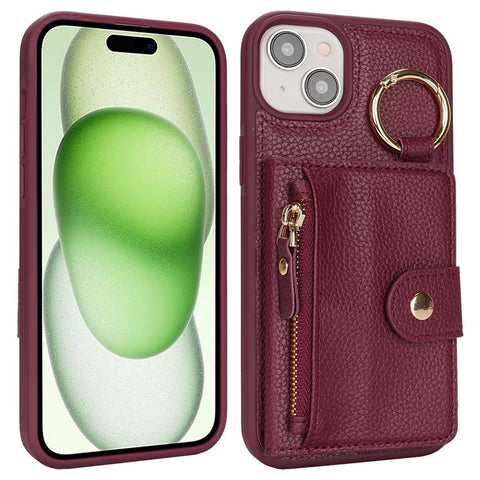 For iPhone 15 Plus / 14 Plus Case Litchi Textured PU Leather + TPU Kickstand Phone Cover with Card Slot