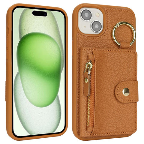 For iPhone 15 Plus / 14 Plus Case Litchi Textured PU Leather + TPU Kickstand Phone Cover with Card Slot