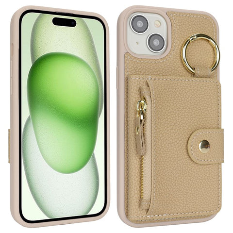 For iPhone 15 Plus / 14 Plus Case Litchi Textured PU Leather + TPU Kickstand Phone Cover with Card Slot