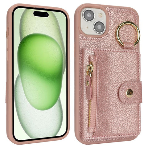For iPhone 15 Plus / 14 Plus Case Litchi Textured PU Leather + TPU Kickstand Phone Cover with Card Slot