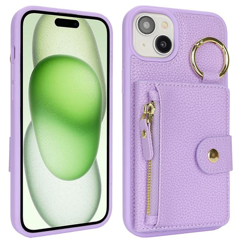 For iPhone 15 Plus / 14 Plus Case Litchi Textured PU Leather + TPU Kickstand Phone Cover with Card Slot