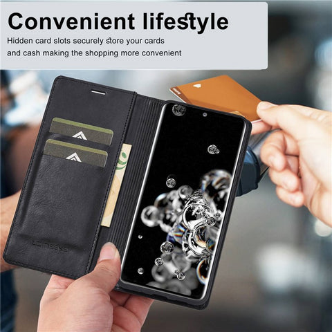 LC.IMEEKE For Samsung Galaxy S20 Ultra PU Leather Magnetic Auto-absorbed Flip Case RFID Blocking Wallet Stand Phone Cover