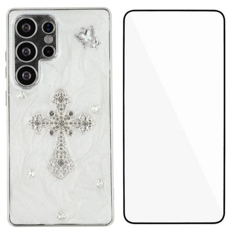 WANLONFENG For Samsung Galaxy S23 Ultra Case  Electroplated Epoxy TPU + Acrylic Phone Cover with Tempered Glass