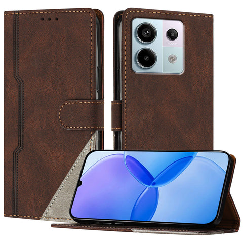 For Xiaomi Redmi Note 13 Pro 5G Leather Case Triangle Patchwork Wallet Stand Shockproof Phone Cover