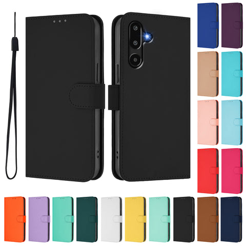 For Samsung Galaxy M16 5G / Galaxy F16 5G Case Solid Color Wallet Leather Phone Cover with Strap