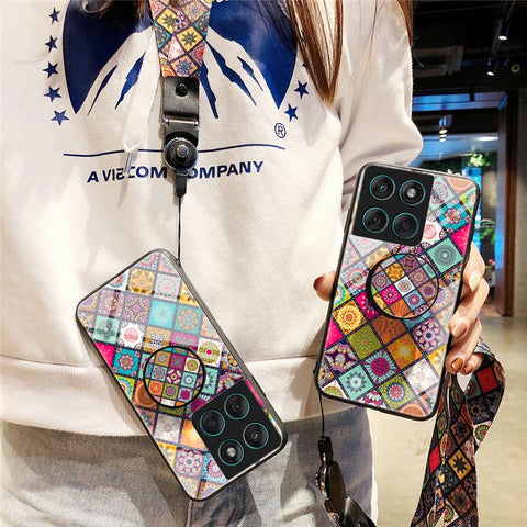 For Motorola Edge 60 Fusion 5G / Edge 60 5G Case Kickstand Ethnic Pattern Tempered Glass Phone Cover with Strap