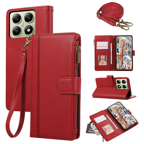 For Xiaomi 14T Pro Case Multi Card Slots Zipper Leather Phone Cover with Shoulder Strap / Wrist Strap