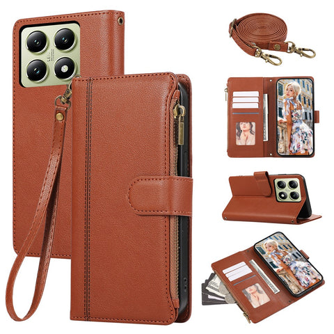 For Xiaomi 14T Pro Case Multi Card Slots Zipper Leather Phone Cover with Shoulder Strap / Wrist Strap