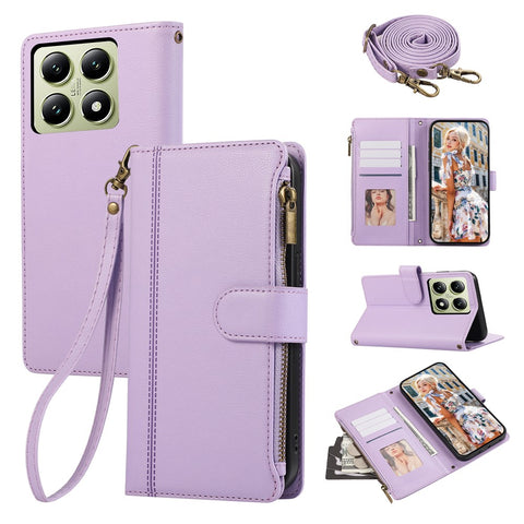 For Xiaomi 14T Pro Case Multi Card Slots Zipper Leather Phone Cover with Shoulder Strap / Wrist Strap