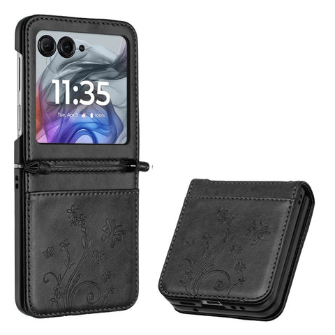Leather Case for Motorola Razr 70 / 60 / 50 5G / Razr 2026 / 2025 / 2024 Butterfly Flower Imprinted Phone Cover with Strap
