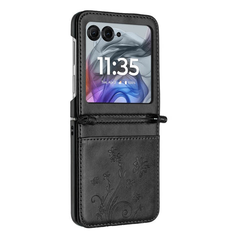 Leather Case for Motorola Razr 70 / 60 / 50 5G / Razr 2026 / 2025 / 2024 Butterfly Flower Imprinted Phone Cover with Strap