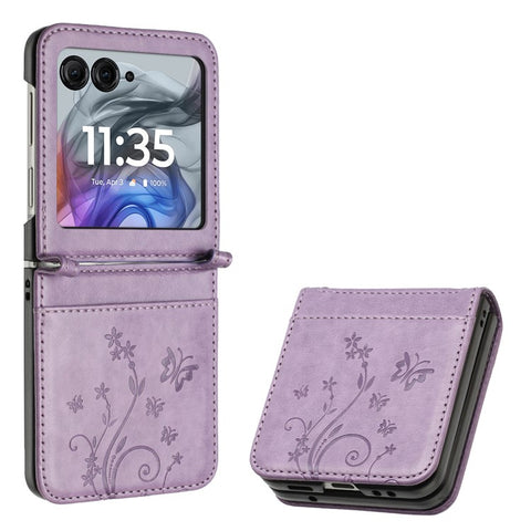 Leather Case for Motorola Razr 70 / 60 / 50 5G / Razr 2026 / 2025 / 2024 Butterfly Flower Imprinted Phone Cover with Strap