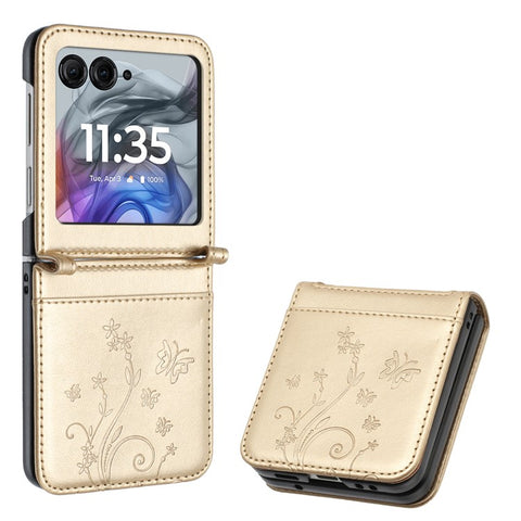 Leather Case for Motorola Razr 70 / 60 / 50 5G / Razr 2026 / 2025 / 2024 Butterfly Flower Imprinted Phone Cover with Strap