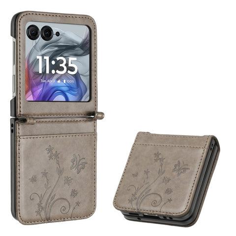 Leather Case for Motorola Razr 70 / 60 / 50 5G / Razr 2026 / 2025 / 2024 Butterfly Flower Imprinted Phone Cover with Strap