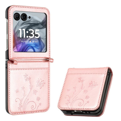 Leather Case for Motorola Razr 70 / 60 / 50 5G / Razr 2026 / 2025 / 2024 Butterfly Flower Imprinted Phone Cover with Strap