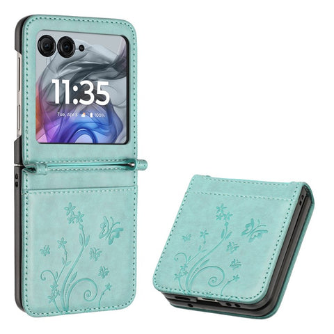 Leather Case for Motorola Razr 70 / 60 / 50 5G / Razr 2026 / 2025 / 2024 Butterfly Flower Imprinted Phone Cover with Strap