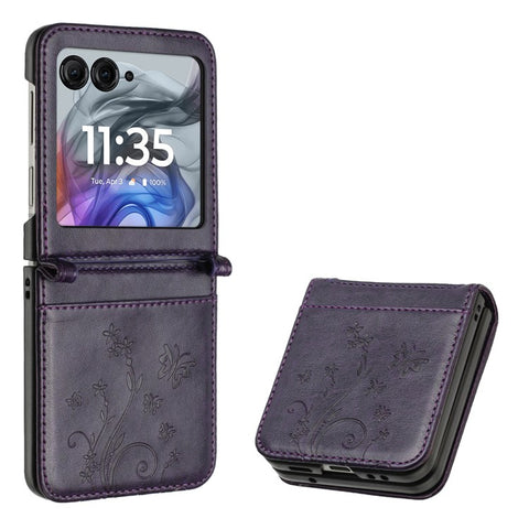 Leather Case for Motorola Razr 70 / 60 / 50 5G / Razr 2026 / 2025 / 2024 Butterfly Flower Imprinted Phone Cover with Strap