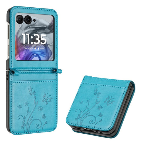 Leather Case for Motorola Razr 70 / 60 / 50 5G / Razr 2026 / 2025 / 2024 Butterfly Flower Imprinted Phone Cover with Strap