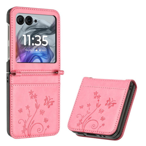 Leather Case for Motorola Razr 70 / 60 / 50 5G / Razr 2026 / 2025 / 2024 Butterfly Flower Imprinted Phone Cover with Strap