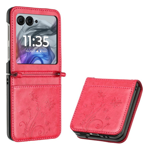 Leather Case for Motorola Razr 70 / 60 / 50 5G / Razr 2026 / 2025 / 2024 Butterfly Flower Imprinted Phone Cover with Strap