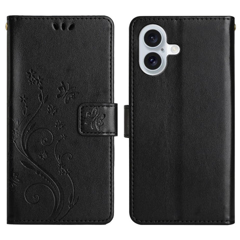For iPhone 17 Leather Wallet Case Butterfly Flower Imprinted Phone Cover with Strap