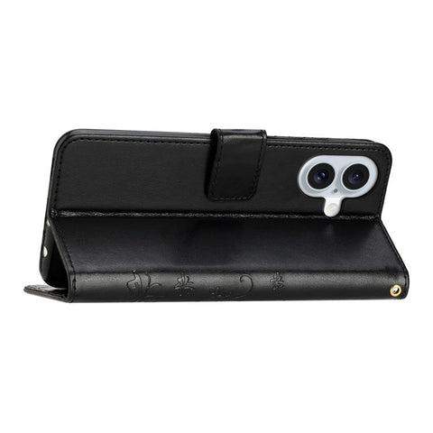 For iPhone 17 Leather Wallet Case Butterfly Flower Imprinted Phone Cover with Strap