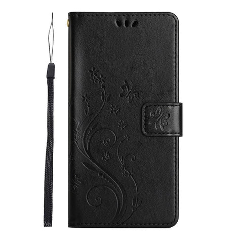 For iPhone 17 Leather Wallet Case Butterfly Flower Imprinted Phone Cover with Strap