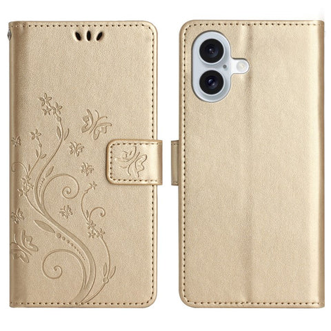 For iPhone 17 Leather Wallet Case Butterfly Flower Imprinted Phone Cover with Strap