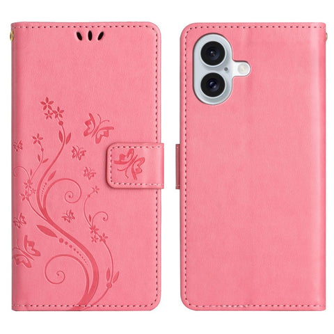 For iPhone 17 Leather Wallet Case Butterfly Flower Imprinted Phone Cover with Strap