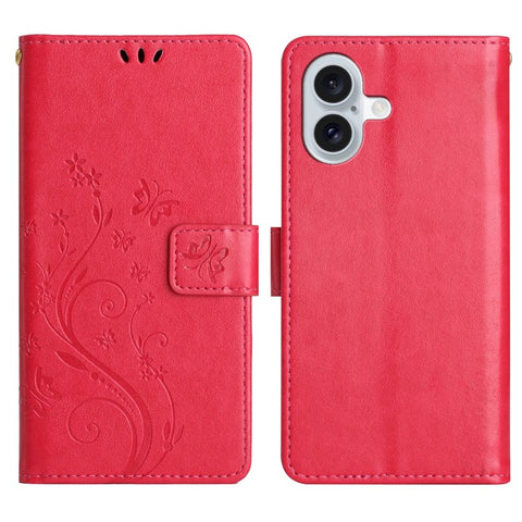 For iPhone 17 Leather Wallet Case Butterfly Flower Imprinted Phone Cover with Strap
