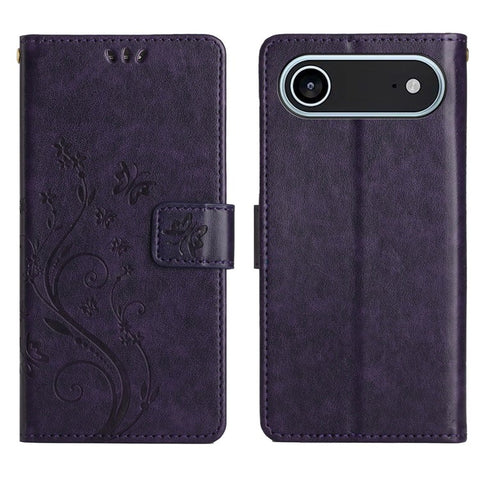 For iPhone 17 Leather Wallet Case Butterfly Flower Imprinted Phone Cover with Strap