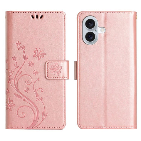 For iPhone 17 Leather Wallet Case Butterfly Flower Imprinted Phone Cover with Strap