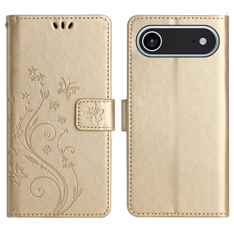For iPhone Air Leather Wallet Case Butterfly Flower Imprinted Phone Cover with Strap