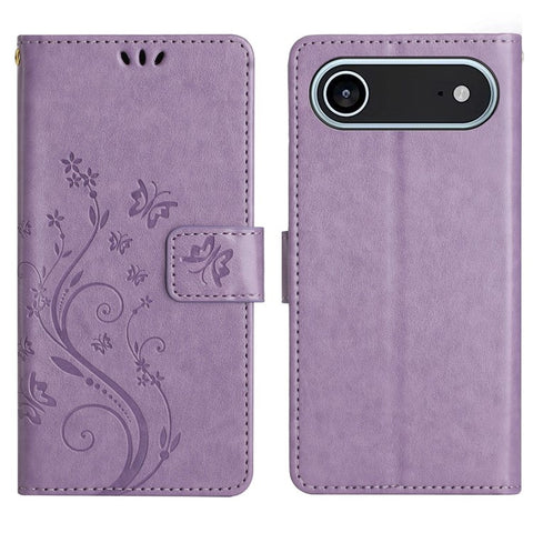 For iPhone Air Leather Wallet Case Butterfly Flower Imprinted Phone Cover with Strap