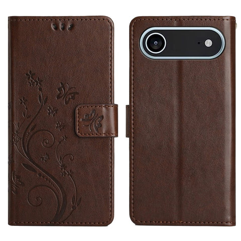 For iPhone Air Leather Wallet Case Butterfly Flower Imprinted Phone Cover with Strap