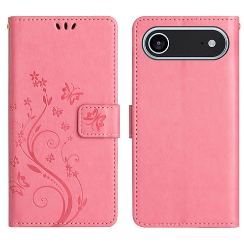 For iPhone Air Leather Wallet Case Butterfly Flower Imprinted Phone Cover with Strap