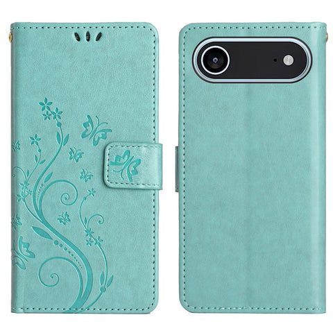For iPhone Air Leather Wallet Case Butterfly Flower Imprinted Phone Cover with Strap