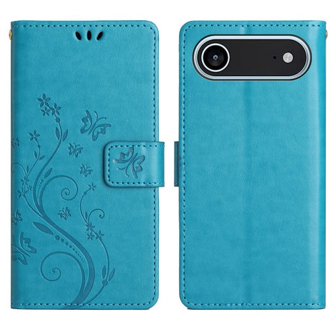 For iPhone Air Leather Wallet Case Butterfly Flower Imprinted Phone Cover with Strap