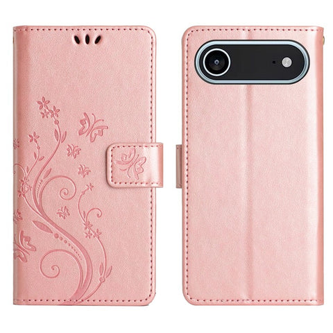 For iPhone Air Leather Wallet Case Butterfly Flower Imprinted Phone Cover with Strap