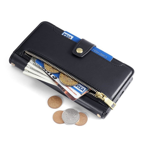 For Samsung Galaxy F06 5G Leather Case Zipper Pocket Wallet Phone Cover with 2 Straps