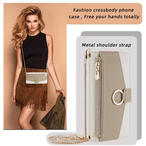 For Samsung Galaxy F06 5G Case Mirror Wallet Leather Phone Cover with Chain Shoulder Strap